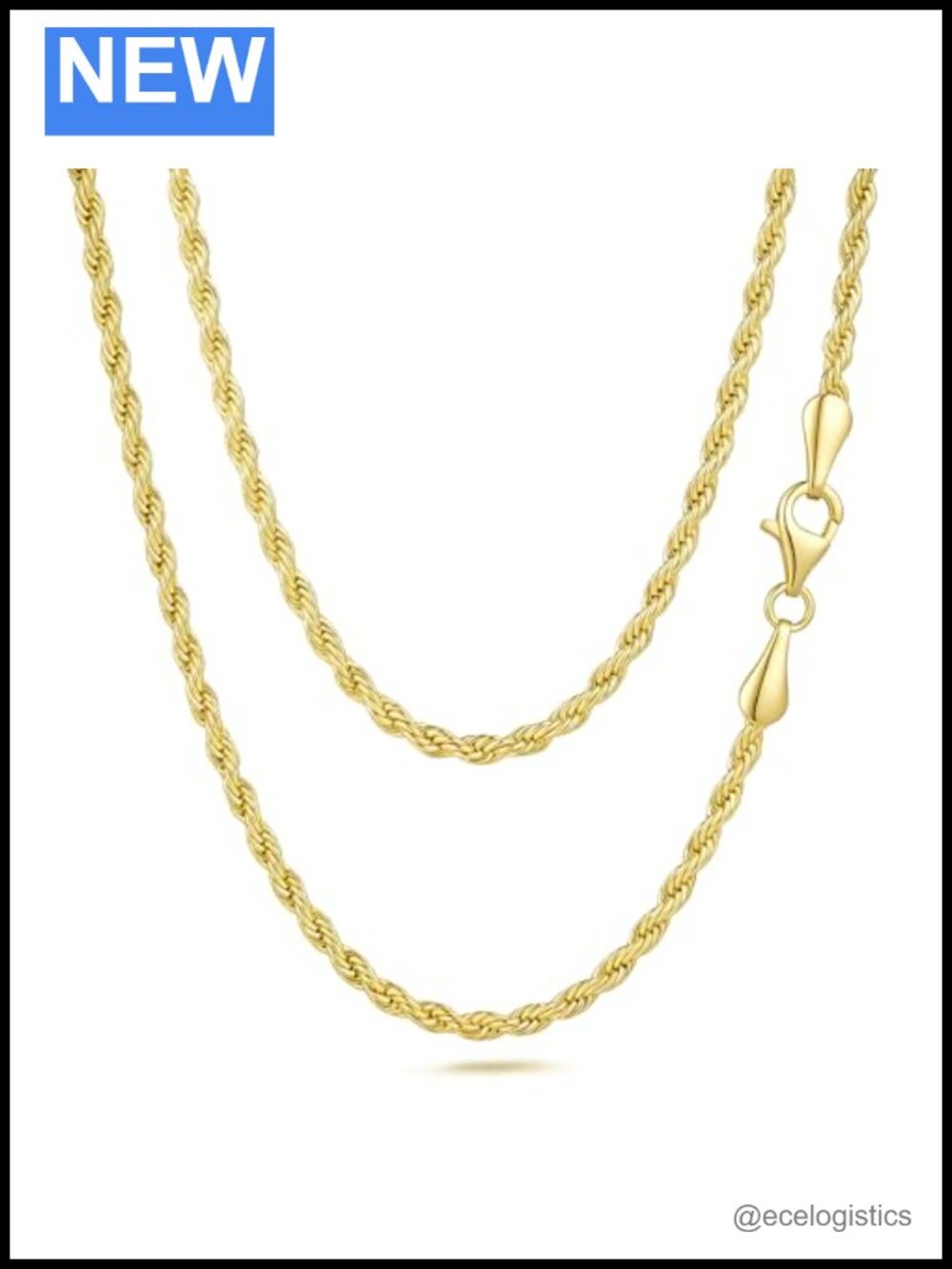 14K Gold Plated Rope Chain Necklace Lobster Clasp 2.5mm